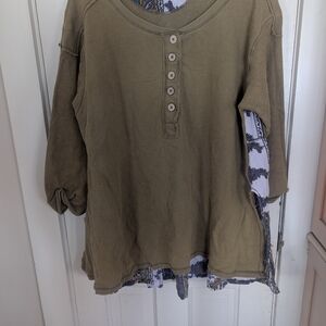Free People Olive Green Henley Tunic - Contrast Cotton Material Back - Size M